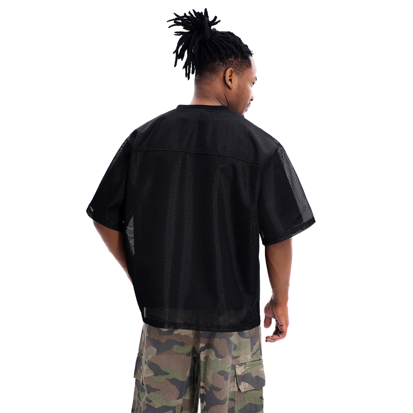 MT99 777 Open Mesh Football Jersey, Black, back model view