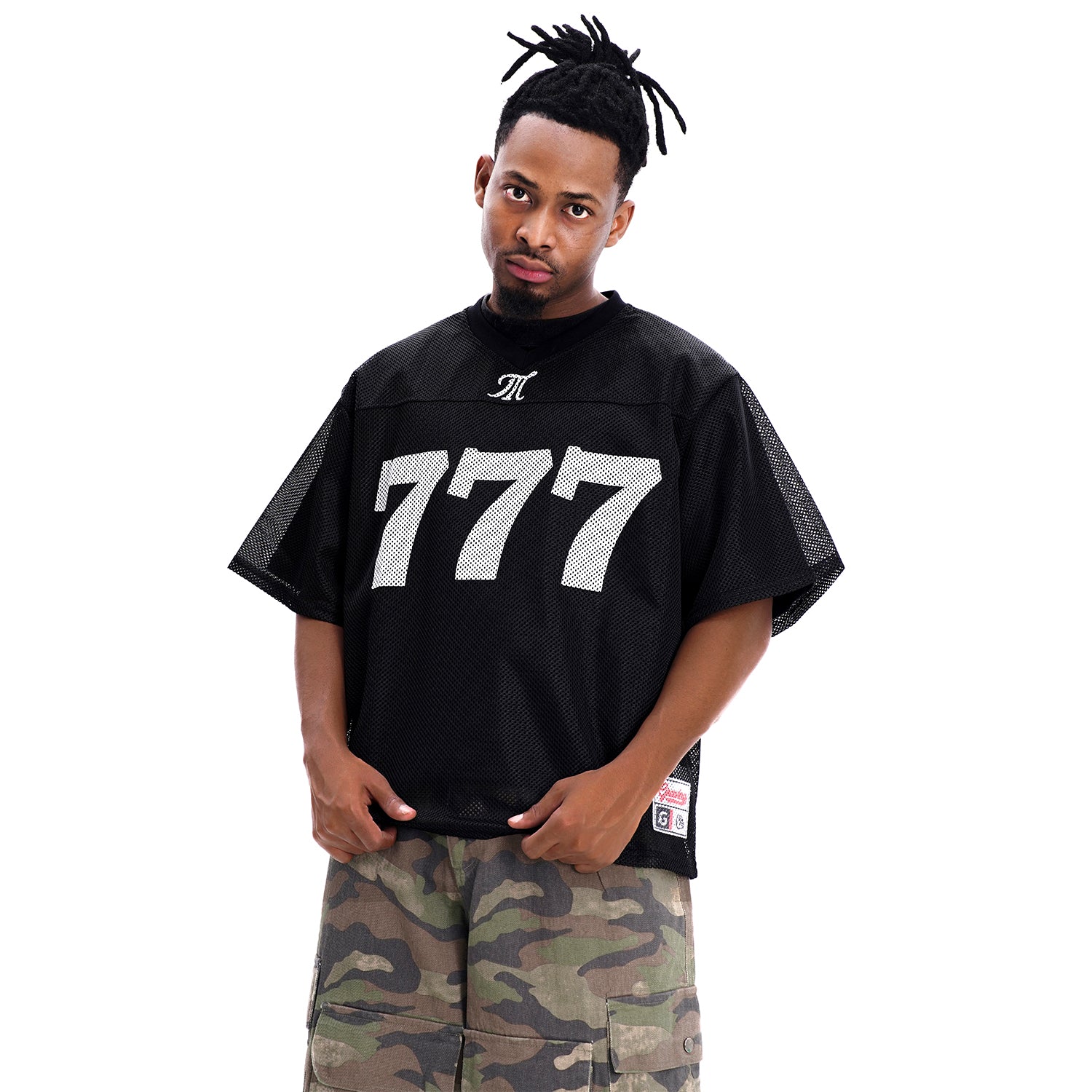 MT99 777 Open Mesh Football Jersey, Black, front model view