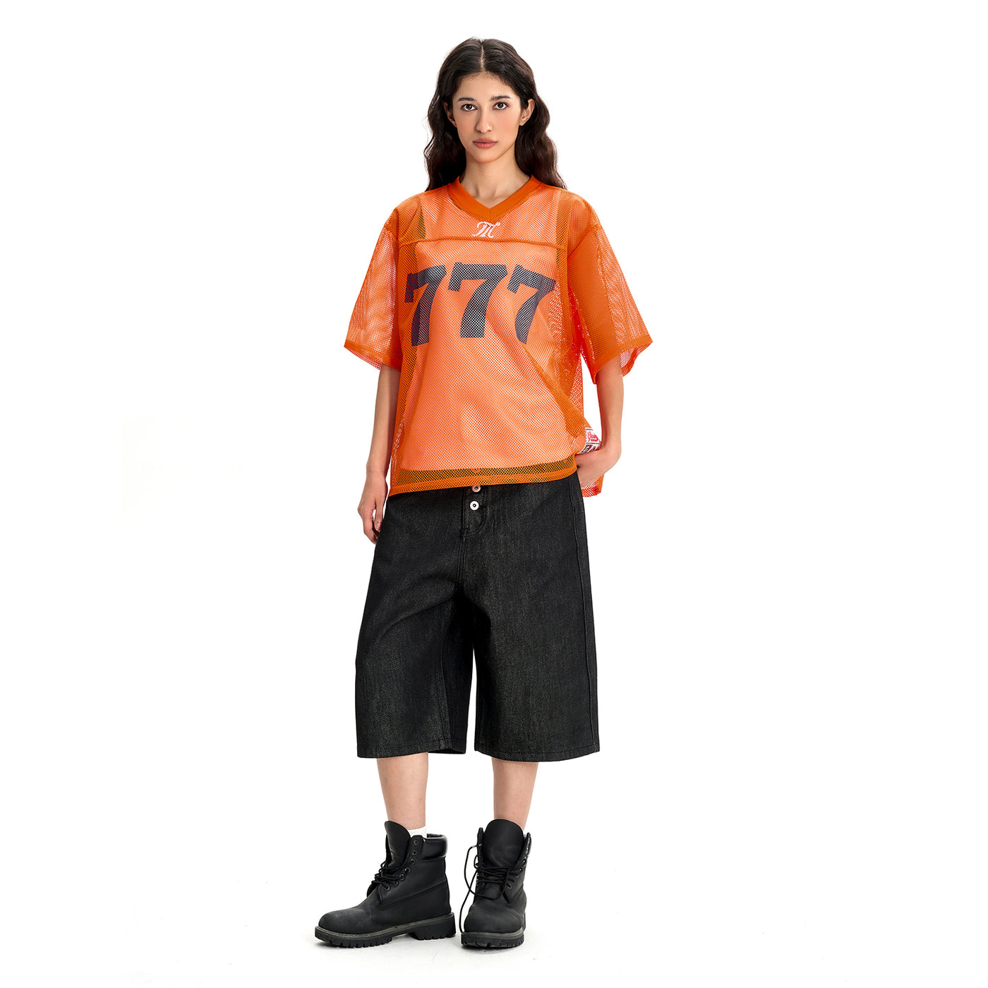 MT99 777 Open Mesh Football Jersey, Orange, front model view