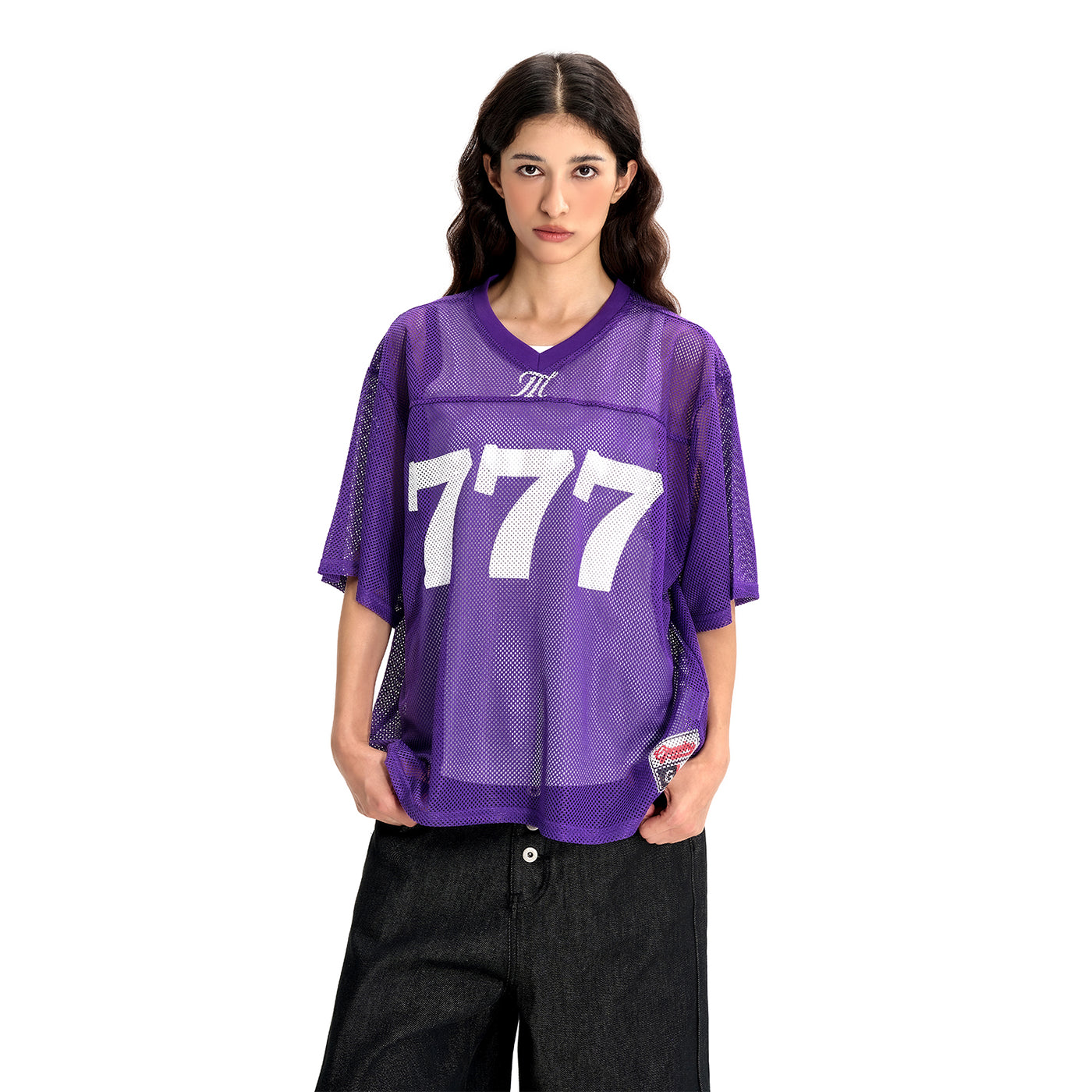 MT99 777 Open Mesh Football Jersey, Purple, front model view