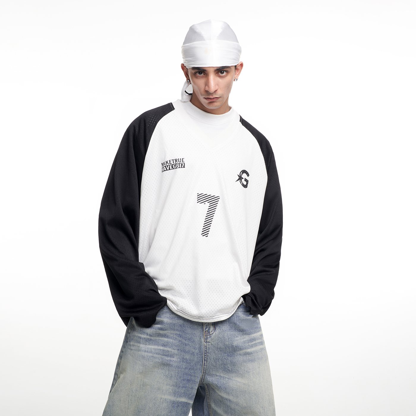 MT99 7 Raglan Long Sleeve Jersey white black front model photo